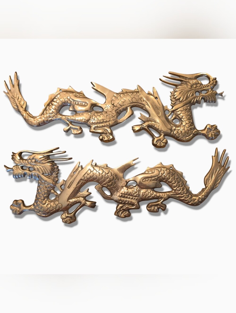 Vintage Brass-Plated Magnetic Metal Core Dragon Wall Plaques Mirrored Pair 2pcs